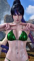 1girls alluring athletic_female bikini black_and_red_and_purple_hair envy15re2lm female_abs fit_female kunimitsu_ii kunoichi lavender_eyes namco tekken tekken_8 watermelon_bikini