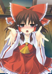 1girl ascot blush bow brown_hair commentary_request cum cum_on_body detached_sleeves facial frilled_bow frilled_hair_tubes frilled_skirt frills hair_bow hair_tubes hakurei_reimu long_hair looking_at_viewer open_mouth outstretched_arms photoshop_(medium) reaching reaching_towards_viewer red_bow red_eyes red_skirt ribbon-trimmed_sleeves ribbon_trim sitting skirt skirt_set solo tongue tongue_out tororo_(toriaezu) touhou variant_set yellow_ascot