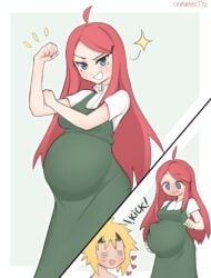 blushing blushing_female cute cute_female enjoying_pregnancy fetal_movement green_dress kushina_uzumaki maternity_clothes maternity_dress naruto_(series) pregnant pregnant_belly pregnant_female red_hair red_hair_female uzumaki_kushina