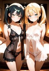 2girls ai_generated bedroom belly_button black_hair black_lingerie blonde_hair blue_eyes cute green_eyes hands_behind_back liltigerx lingerie looking_at_viewer original original_character small_breasts smaller_female smiling_at_viewer standing thighs twins twintails white_lingerie