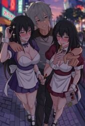 ...? 1boy 2girls black_hair blue_dress edit ficoemirrio gray_hair hi_res hibiki_(sekirei) highres hikari_(sekirei) huge_ass huge_breasts maid red_dress seductive seductive_look seductive_smile sekirei sisters symmetrical_docking twins wise_(zenless_zone_zero) zenless_zone_zero