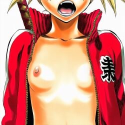 1:1 1girls 2d accurate_art_style accurate_body_type ai_generated areolae bleach blonde_hair breast_focus breasts breasts_out breasts_out_of_clothes cel_shading clothing collarbone cropped exposed_breasts facing_viewer fangs female female_focus female_only flat_chest freckles freckles_on_face front_view glossy_body head_out_of_frame high_resolution highres hiyori_sarugaki jacket kanji light-skinned_female light_skin line_art long_sleeves manga_style nipples no_bra official_style open_clothes open_mouth open_shirt partially_clothed petite pink_areola pink_nipples red_jacket sarugaki_hiyori sharp_teeth shiny_skin short_hair simple_background skinny slender_body small_breasts solo solo_female solo_focus standing sword sword_on_back tite_kubo_style track_jacket twintails unzipped upper_body wardrobe_malfunction weapon white_background zipper zipper_pull_tab