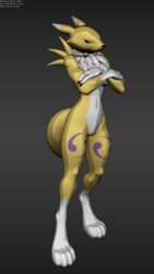 2016 3d anthro black_sclera blue_eyes crossed_arms darien digimon female grey_background highres markings neck_tuft pussy renamon simple_background socks_(marking) solo standing tuft