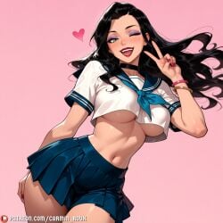 1girl ai_generated artist_name asami_sato avatar_(series) black_choker black_hair blue_sailor_collar blue_skirt blush bracelet breasts carminroux choker cowboy_shot crop_top crop_top_overhang cropped_shirt eyeshadow green_eyes heart jewelry large_breasts lipstick long_hair looking_at_viewer makeup midriff miniskirt nail_polish navel neckerchief one_eye_closed open_mouth patreon_username pink_background pink_nails pleated_skirt red_lips sailor_collar school_uniform serafuku shirt short_sleeves simple_background skirt smile solo teeth the_legend_of_korra thighs underboob v web_address white_shirt