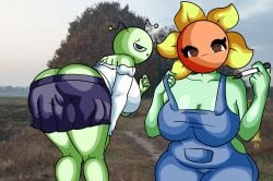 2girls :3 alien alien_girl antennae ass ass_crack bald_female blue_eyes breasts brown_eyes chetoh cleavage clothed clothed_female female female_focus female_only flower flower_head green_body green_skin holding_marker holding_object looking_at_viewer looking_back_at_viewer marker marsha_(chetoh) martian oc original original_character original_characters overalls overalls_only photo_background plant plant_girl poppy_(chetoh) rear_view skirt smile smiling smiling_at_viewer sunflower white_topwear