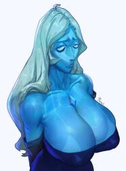 alien alternate_breast_size arms_behind_back bare_shoulders bikini_tan blue_diamond_(steven_universe) blue_dress blue_eyes blue_gemstone blue_lips blue_skin breasts cleavage clothing collarbone colored_skin covered_nipples dress elbow_gloves female gem gloves green_hair grey_background half-closed_eyes huge_breasts large_breasts lips long_hair looking_at_viewer no_pupils parted_bangs parted_hair raised_eyebrow shiny_skin simple_background solo steven_universe strapless strapless_dress tan tanlines teguimor upper_body veins veiny_breasts white_background