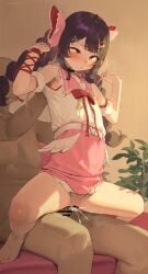absurdres ahoge armband armpits black_hair braid censored character_request copyright_request cross-eyed cum cum_in_pussy dress feet frikulu hair_ribbon heart heart-shaped_pupils highres knees penis pink_dress pink_eyes pink_ribbon reverse_upright_straddle ribbon sex sweat sweaty_armpits symbol-shaped_pupils vaginal virtual_youtuber wing_ornament