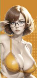 1girls abstract_background ai_generated armpit armpits artist_request bangs big_breasts blue_eyes bra breasts brown_hair cleavage female female_only glasses lips orange_background orange_bra orange_underwear solo underwear