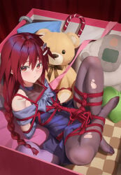 1girl arms_behind_back bdsm black_pantyhose blush bondage bound bound_arms bound_legs braid breasts brown_eyes choujigen_game_neptune collarbone commentary_request dress highres long_hair looking_at_viewer neptune_(series) pantyhose purple_dress red_hair restrained shibari shibari_over_clothes shortofsugar sitting small_breasts solo tennouboshi_uzume torn_clothes torn_pantyhose