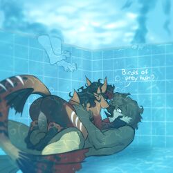 absurd_res amur_carp aquatic avian bird carp cyprinid cypriniform duo feet fish friendship_is_magic hasbro hi_res hybrid kapri male my_little_pony nilo_(profanedshork) paws swimming_pool tail typical_carp