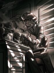 alastor_(hazbin_hotel) black_and_white cigar clothed fully_clothed gay glasses hazbin_hotel hazbin_hotel_(season_2) holding_arm human_alastor_(hazbin_hotel) human_vox_(hazbin_hotel) knife knife_play light murderer no_sex scared scared_expression scared_face smile smoking suit suit_and_tie suit_jacket suits threat threatening two_males vincent_(hazbin_hotel) vivienne_medrano vox_(hazbin_hotel) whiskey