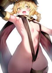 1girl :d absurdres arm_up armpits black_slingshot_swimsuit blonde_hair blush braid braided_hair_rings breasts commentary cowboy_shot fang from_below genshin_impact goggles goggles_on_head groin hair_rings highres jahoda_(genshin_impact) looking_at_viewer medium_breasts navel open_mouth overlighting paid_reward_available redcomet simple_background skin_fang slingshot_swimsuit smile solo standing star-shaped_pupils star_(symbol) swimsuit symbol-shaped_pupils thighhighs twin_braids white_background yellow_eyes