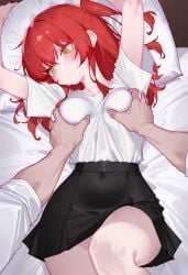 1girl black_skirt bocchi_the_rock! breast_grab hashiriya6 kita_ikuyo lying_on_bed solo white_shirt