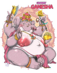 anthro asian_mythology axe bbw big_breasts big_butt black_pubes blush bottomwear bottomwear_aside breasts butt clothing clothing_aside comic deity eastern_clothing elderly elderly_female elephant elephantid excited eyewear feet female flower ganesha gilf glasses grandmother_(lore) grandparent_(lore) hair hebokun hindu_mythology hinduism indian_clothing japanese_text kemono loincloth loincloth_aside looking_at_viewer lotus_(flower) mammal mature mature_female montgomery_glands motion_lines multi_arm multi_limb mythology nipples older_female overweight overweight_anthro overweight_female plant plump proboscidean proboscis_(anatomy) pubes religion sagging_breasts sitting smile soles solo sound_effects text translated white_hair wrinkles