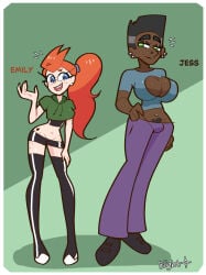 blightstar blue_eyes character_name cleavage cleavage_cutout clothed crop_top dark_skin dolphin_shorts ear_piercing emily_(blightstar) flattop freckles girlfriends green_eyes hand_on_thigh heart_cutout jess_(blightstar) nose_piercing orange_hair original original_character pac-man_eyes pale_skin ponytail short_shorts standing tagme thick_eyebrows thighhighs