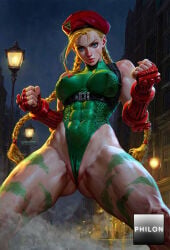 1girls abs ai_generated ass_visible_through_thighs beret blonde_hair blue_eyes bodypaint braid breasts cammy_white camouflage chest_harness clenched_hands covered_abs covered_navel covered_nipples fingerless_gloves gauntlets gloves green_leotard harness hat highleg highleg_leotard impossible_clothes impossible_leotard lamppost large_breasts leotard lips long_hair looking_at_viewer medium_breasts muscular muscular_female night night_sky outdoors philon red_gloves red_headwear scar scar_on_cheek scar_on_face sky smile solo stable_diffusion street_fighter thick_thighs thighs thong_leotard toned twin_braids