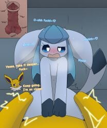 absurd_res blue_body blue_eyes blush bodily_fluids butt butt_grab cervical_penetration cervix cowgirl_position crystal duo ears_down eeveedream_(artist) eeveelution eeveelution_squad english_text feet female feral first_person_view from_front_position fur fur_markings generation_1_pokemon generation_4_pokemon genitals glaceon hand_on_butt heart_pupils heart_symbol hi_res jolteon knot lazuli_(eeveelution_squad) lightning_bolt looking_at_viewer looking_pleasured male male/female markings nintendo on_bottom on_top penetration penile penile_penetration penis penis_in_vagina pivoted_ears pokemon pokemon_(species) profanity purple_eyes rough_sex saliva sex speed_(eeveelution_squad) steam straddling sweat sweatdrop tail tears text thrusting toes tongue vaginal vaginal_penetration vulva x-ray_view yellow_body