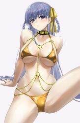 1girl absurdres bare_shoulders bb_(fate) bb_dubai_(fate) belly_chain bikini blush braid braided_hair_rings breasts cleavage commentary_request fate/grand_order fate_(series) female female_only gold_bikini hair_ribbon hair_rings highres jewelry large_breasts long_hair looking_at_viewer navel necklace purple_eyes purple_hair ribbon solo spread_legs swimsuit thighs twin_braids very_long_hair yellow_ribbon