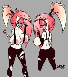 1_eye 2025 arm_tattoo big_breasts black_bottomwear black_clothing black_pants bomb bottomwear breasts cherri_bomb_(hazbin_hotel) clothed clothing cyclops demon demon_humanoid explosives female female_only gesture grey_background hair hand_gesture hazbin_hotel hellaverse hi_res humanoid looking_at_viewer lt03official middle_finger pants pink_hair red_eyes sharp_teeth simple_background sling_bra smile solo tattoo teeth torn_bottomwear torn_clothing torn_pants white_body