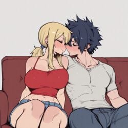 1boy 1girl 1girls ai_generated black-haired_male black_hair blonde-haired_female blonde_hair clothed couple_(romantic) fairy_tail gray_fullbuster intimate lucy_heartfilia sexy