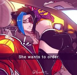 akali ass ass_focus back back_view butt_focus clothed clothing crop_top female he_wants_to_order jacket k/da_akali k/da_series kayn league_of_legends male male/female meme she_wants_to_order tank_top thick_thighs