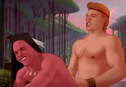 2boys anal anal_penetration anal_sex bad_anatomy clenched_teeth closed_eyes color crossover digital_media_(artwork) disney eyes_scrunched feather_in_hair from_behind from_behind_position gay ginger_hair headband hercules_(character) hercules_(disney) kocoum long_hair male_only mohawk mouth_open native_american necklace orgasm_face out-of-frame_censoring outdoors pecs pocahontas sex trees what wristband yaoi