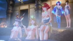 3d 3d_artwork 5girls big_breasts black_hair blonde_hair blue_hair breast_size_difference breasts brighid_(xenoblade) brown_hair casual_nudity cat_ears catgirl core_crystal female female_only friends gold_eyes hi_res hot_spring huge_breasts imminent_nudity long_hair medium_breasts morag_ladair_(xenoblade) mythra_(xenoblade) nia_(blade) nia_(xenoblade) nintendo nodusfm onsen pyra_(xenoblade) red_eyes red_hair relaxing short_hair small_breasts smile steam twintails wholesome xenoblade_(series) xenoblade_chronicles_2