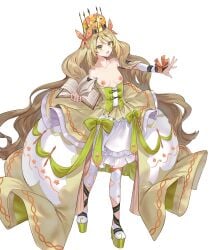 1girls bare_shoulders blonde_hair book breasts_out butterfly_hair_ornament buttons celine_(fire_emblem) criss-cross_halter crown dress edit female female_only fire_emblem fire_emblem_engage fire_emblem_heroes flat_chest full_body green_eyes hair_ornament halterneck hand_up highres holding holding_book horror_flight7830 jewelry long_hair looking_away nintendo nipples nude_filter open_book open_mouth overskirt platform_footwear princess ribbon short_dress skirt sleeveless sleeveless_dress solo thighhighs topless very_long_hair white_background