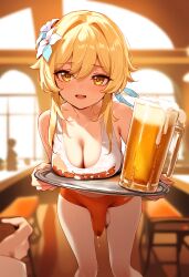 ai_generated beer blonde_hair bulge bulge_through_clothing cum cum_through_clothes cumdrip doseogwan ejaculation erection erection_under_clothes futa_only futanari genshin_impact handsfree_ejaculation looking_at_viewer lumine_(genshin_impact) open_mouth short_hair shorts smile sweat waitress