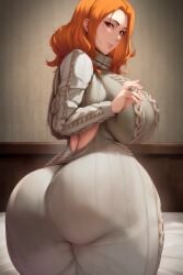 1girls ai_generated back_view bed bedroom curvaceous curvy holaraai huge_ass huge_breasts mature mature_female milf orange_hair original original_character thick_thighs valentxne viewed_from_behind virgin_killer_sweater