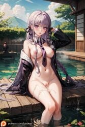 1girls ai_generated black_dress black_outfit braid braided_hair cloud cum cum_in_pussy cum_on_body cum_on_breasts danganronpa danganronpa_(series) danganronpa_1 female female_only hot_spring kirigiri_kyouko large_breasts long_hair luname medium_breasts outdoors petite poolside purple_eyes purple_hair sky solo steam steaming_body tie tree water wet