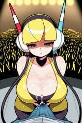 1boy 1girls accidental_ejaculation accidental_orgasm ai_generated bulge cherrybosom cum cum_on_body cum_through_clothes ejaculation elesa_(pokemon) erection erection_under_clothes handsfree_ejaculation large_breasts male_pov pokemon pov simple_background spontaneous_ejaculation spontaneous_orgasm straight