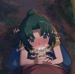 07th_expansion censored clothed_female clothed_sex cum cum_in_mouth cum_inside english_text fellatio femdom fully_clothed fully_clothed_female green_eyes higurashi_no_naku_koro_ni maebara_keiichi malesub mion_sonozaki penis recklessdraw