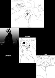 anthro belly big_belly breasts canid canine canis comic creepypasta curvy_figure english_text evergreenplate female female/female female_pred female_prey flatwoods_monster fluffy fluffy_tail furniture hair hi_res licking mal0_vore_(scp-1471) mammal mass_vore monochrome nude scp-1471 scp-1471-a scp_foundation smile.dog speech_bubble squirming tail text tongue tongue_out unwilling_prey vore voreception wolf