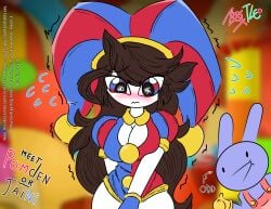 1boy 1boy1girl 1girls :v big_breasts black_eyes blue_eyes blush boob_window brown_hair cosplay crossover embarrassed jaiden jaiden_animations jaidenanimations jax_(the_amazing_digital_circus) jester_girl jester_hat jester_outfit nervous nervous_face not_tlc odd_one_out pomni_(the_amazing_digital_circus) red_and_blue_eyes red_eyes sfw shaking the_amazing_digital_circus theodd1sout theodd1sout_(character) thick_thighs white_skin