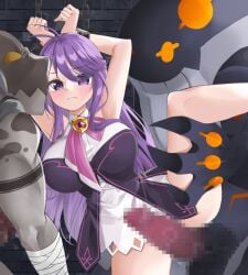 aether_sage_(elsword) ahoge aisha_(elsword) aisha_landar arms_up blush bound bound_wrists breasts brooch censored chains closed_mouth colored_skin cowboy_shot dot_nose dress elsword female gangbang glaring glitter_(elsword) grey_skin group_sex imminent_penetration imminent_vaginal indoors jewelry large_breasts leg_grab leg_lift long_hair looking_at_another monster mosaic_censoring penis pink_ribbon purple_eyes purple_hair ribbon short_dress standing standing_on_one_leg sula_(s_ra760) white_dress