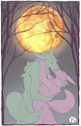 anthro border breasts canid canine circumjacentity comic deep_kiss digital_media_(artwork) duo female flat_colors fur hi_res kissing male male/female mammal moon nude page_15 page_number plant simple_background sky star starry_sky text tree were werecanid werecanine werewolf