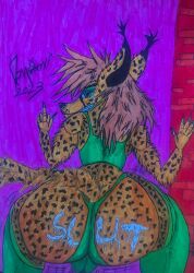 2023 anthro ass big_butt bodily_fluids canid canine cheetah clothing cum cum_on_butt domizoni dommi_chox_(domizoni) felid feline fox fur genital_fluids green_clothing green_eyes hair hi_res hybrid legwear long_hair looking_at_viewer male mammal motion_lines shirt smile solo spots spotted_body tank_top thigh_highs thong topwear underwear yellow_body yellow_fur