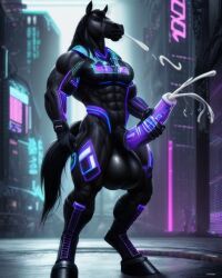 1boy ai_generated anthro black_fur cum cumshot cyberpunk equid equine equine_genitalia equine_penis horse horsecock huge_balls huge_cock lonely_man monster_cock muscular_anthro