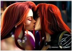 2girls ai_generated flirting girl_on_girl katarina katarina_(league_of_legends) katarina_du_couteau kissing league_of_legends lesbian_couple lesbian_kiss lovers miss_fortune seductive yuri