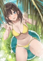 bikini blue_eyes brown_hair kureha_(ironika) tsubasa_(kureha) v_sign