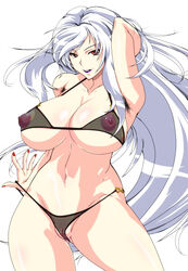 1girls areolae armpit_hair bikini black_bikini bra breasts censored curvy female female_armpit_hair female_only freia_kagami highres huge_breasts large_breasts lipstick long_hair looking_at_viewer nail_polish navel nipples panties parted_lips puffy_nipples purple_lipstick pussy red_eyes see-through silver_hair simple_background smile solo standing underwear underwear_only very_long_hair white_background wrestle_angels wrestle_angels_survivor wrestle_angels_survivor_2