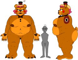 bear bigger_female blonde_hair blue_eyes body_freckles bowtie chubby fat_ass fat_pussy fat_woman five_nights_at_freddy's five_nights_at_freddy's_2 furry height_difference mannequin nude_female reference_sheet rule_63 taller_girl tophat toy_freddy_(fnaf)