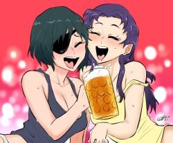 2girls beer beer_mug big_ass big_breasts chainsaw_man cleavage drunk fanon_couple female female_only himeno_(chainsaw_man) himesato imminent_sex laugh light-skinned_female misato_katsuragi moments_before_disaster multiple_girls neon_genesis_evangelion smile sytokun trait_connection wholesome yuri