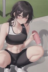 ai_generated androgynous black_hair blush bulge bulge_through_clothing female girly looking_at_viewer pocket_pussy red_eyes skin_tight skin_tight_outfit small_breasts sneakers sports_bra sportswear stable_diffusion toy