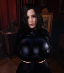 1girls 3d 3d_(artwork) alternate_breast_size black_bodysuit black_hair bodysuit breast_support breasts_bigger_than_head breasts_bigger_than_torso chair clothed clothed_female corset desk female female_only female_solo fully_clothed gigantic_breasts hair_over_one_eye hands_under_breasts hourglass_figure huge_breasts kate_beckinsale looking_at_viewer selene_(underworld) shiny shiny_clothes skin_tight small_waist solo solo_female thin_waist top_heavy underworld upper_body vaako vampire vampire_girl wasp_waist wide_hips