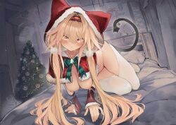 bed blonde_hair bowtie breasts cat_ears cat_tail christmas christmas_outfit christmas_tree hairband hood hooded_cloak hyocorou lactating lactation milk nipples original original_character pillow red_eyes sweat thighhighs