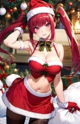 ai_generated bleach breasts christmas christmas_outfit cleavage dokugamine_riruka female fringe girl gloves hat long_hair magenta_eyes magenta_hair merry_christmas midriff navel pantyhose sack santa santa_costume santa_hat skirt slender_waist solo stable_diffusion strand_of_hair thighhighs twintails unstable_diffusion