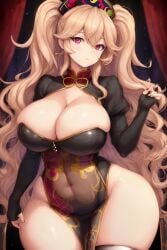 1girls ai_generated blonde_hair cheongsam curtains curvaceous curvy danganronpa dress holaraai huge_ass huge_breasts junko_enoshima long_hair navel pink_eyes see-through_clothing thick_thighs twintails valentxne wide_hips