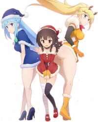 3girls absurdres adapted_costume animal animal_on_shoulder antlers aqua_(konosuba) aqua_eyes ass asymmetrical_legwear bandaged_leg bandages bare_shoulders black_choker black_thighhighs blonde_hair blue_capelet blue_dress blue_eyes blue_footwear blue_hair blush breasts bright_pupils brown_hair capelet cat_on_shoulder choker chomusuke christmas closed_mouth collarbone curvy darkness_(konosuba) dress dress_tug embarrassed fake_antlers feather-trimmed_sleeves feline female female_only floating_hair frown full_body fur-trimmed_dress fur-trimmed_gloves fur_trim gloves hair_between_eyes hair_ornament hat high_heels highres knees_together_feet_apart kono_subarashii_sekai_ni_shukufuku_wo! large_breasts loafers long_sleeves looking_at_viewer medium_breasts megumin mismatched_legwear multiple_girls open_mouth orange_gloves panties pom_pom_footwear red_dress red_eyes red_footwear reindeer_antlers santa_costume santa_dress santa_hat shoes short_dress short_hair_with_long_locks short_sleeves simple_background sleeveless sleeveless_dress snowing standing straight_hair tears thighhighs thighs toraya_(doujintraya) v-shaped_eyebrows v_arms white_background x_hair_ornament yellow_footwear zettai_ryouiki